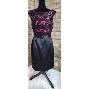 Black Lace & Satin Bright Pink Belted Cocktail Formal Business dress Tahari 10